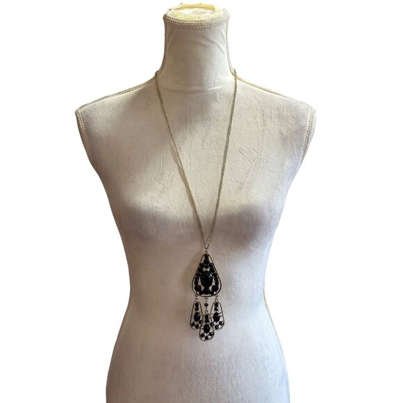 Black Stone Statement Necklace With Long Gold Chain & Teardrop Pendant - Picture 2 of 7